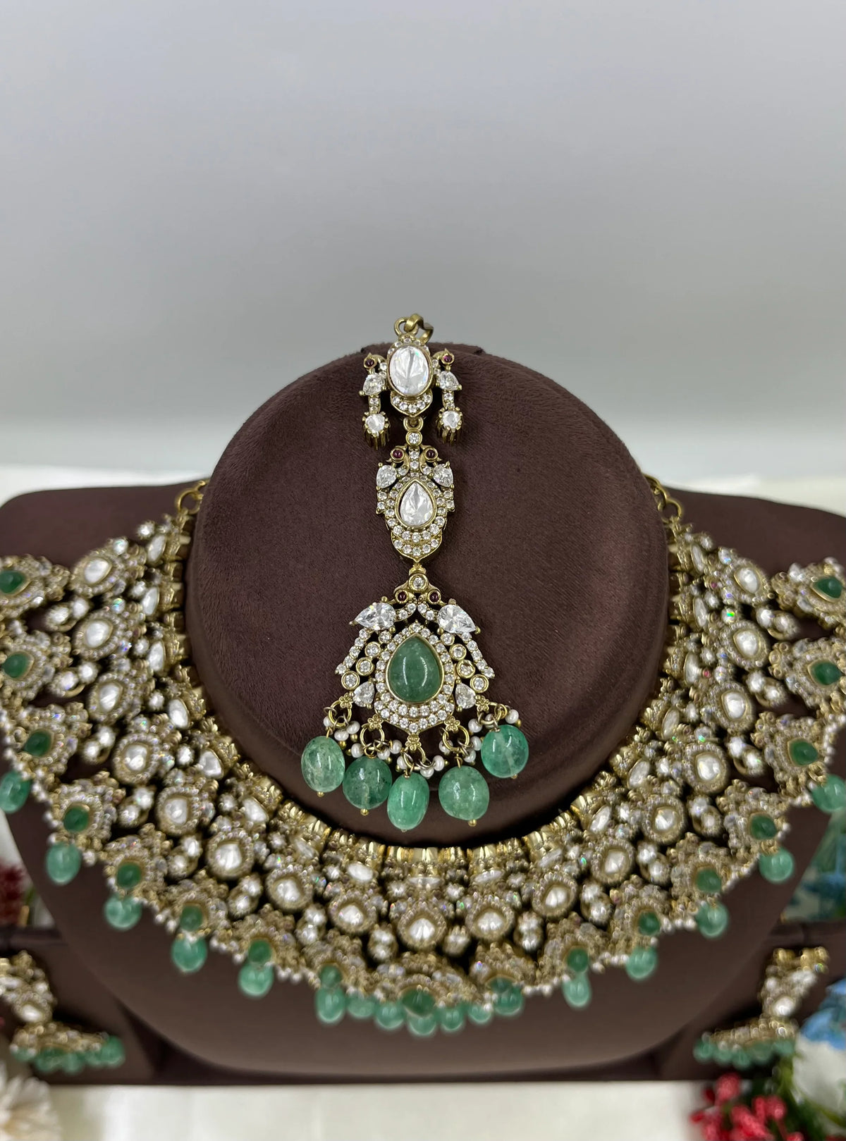 Mohini Antique Premium Moissanite Kundan Necklace Set with Earrings & Maang Tikka – Bridal & Party Jewelry