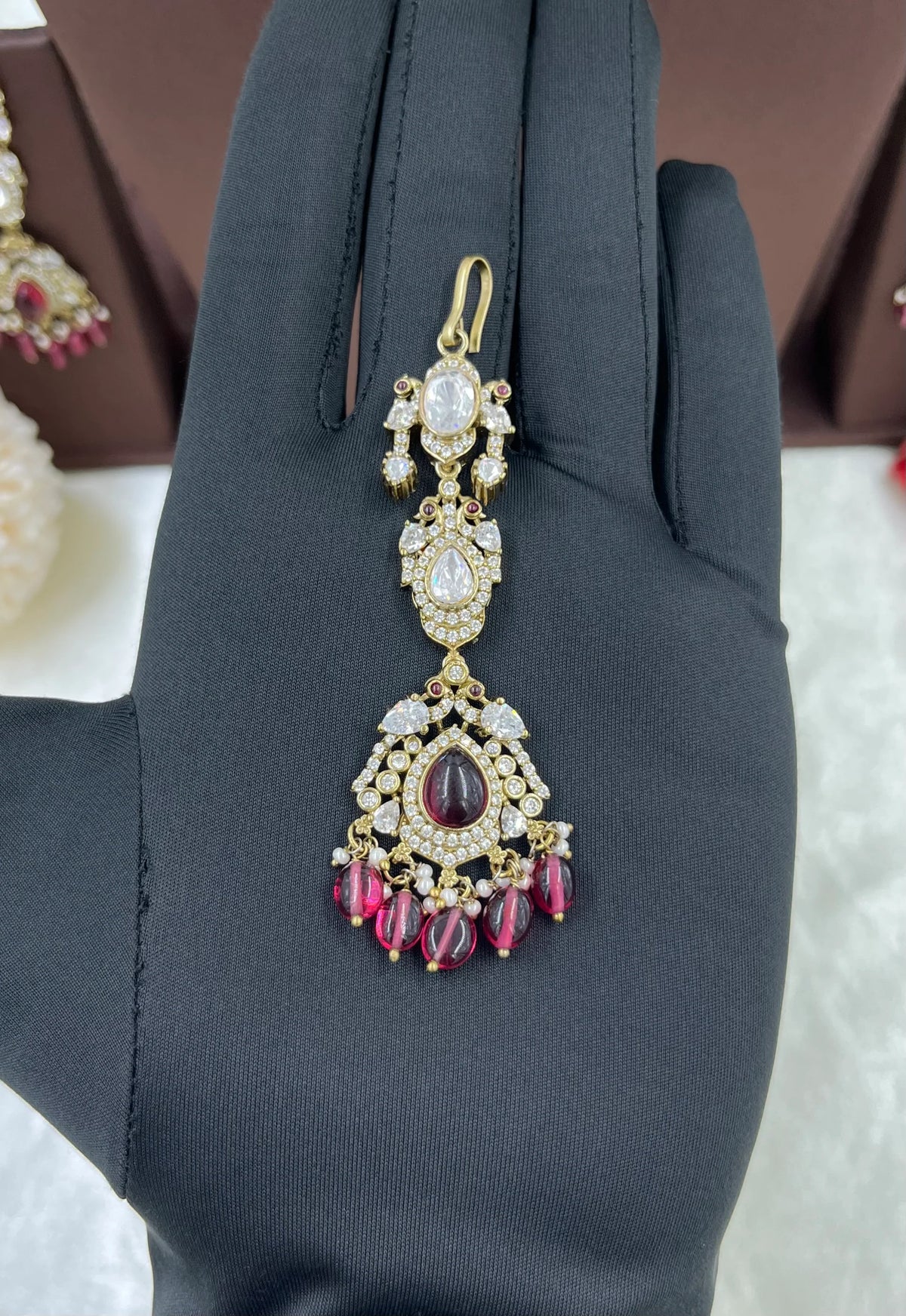 Mohini Antique Premium Moissanite Kundan Necklace Set with Earrings & Maang Tikka – Bridal & Party Jewelry