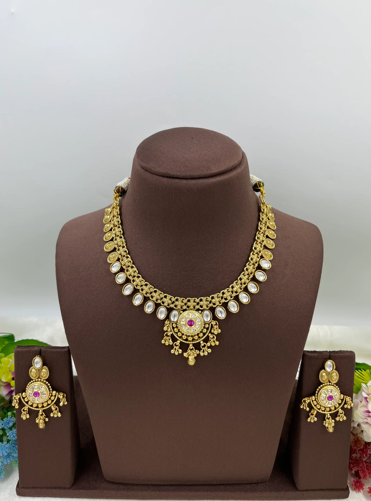 Classic Gold Plated Kundan Necklace Set with Ruby & Pearl Accents