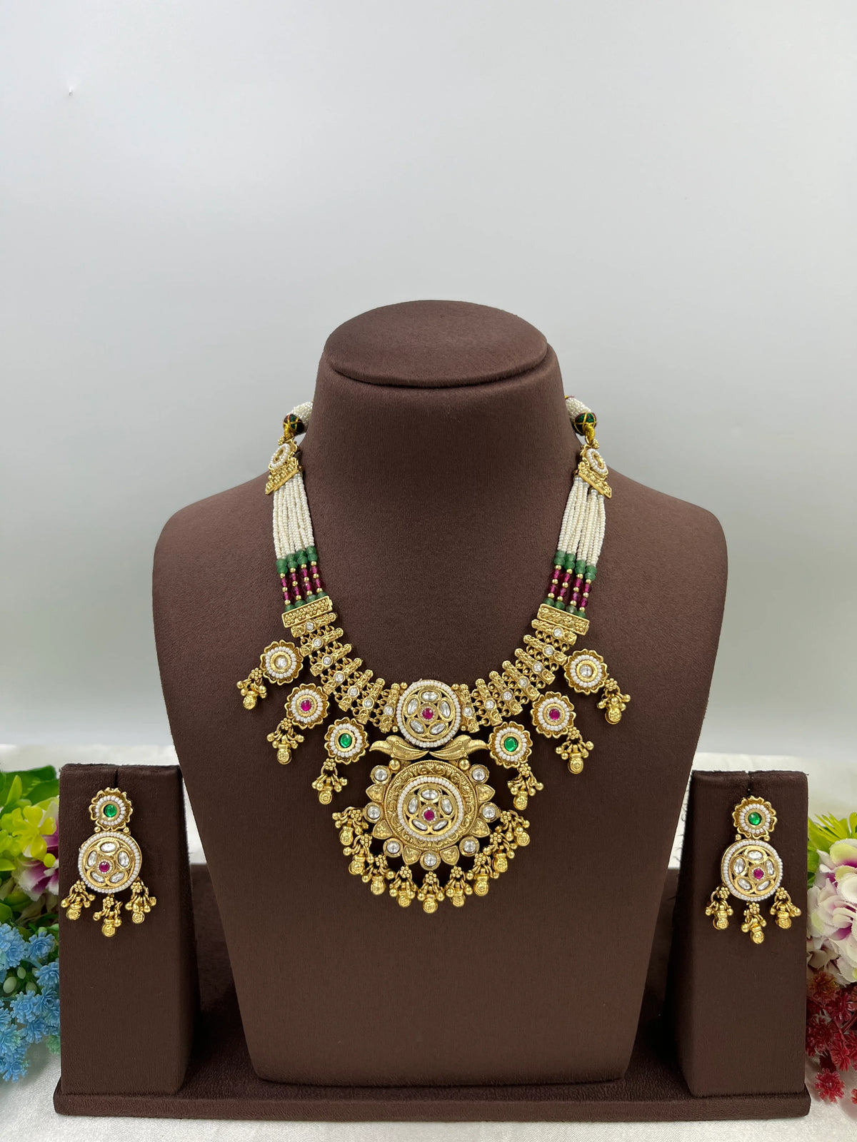 Regal Multi-Strand Pearl & Kundan Necklace Set with Ruby & Emerald Earrings