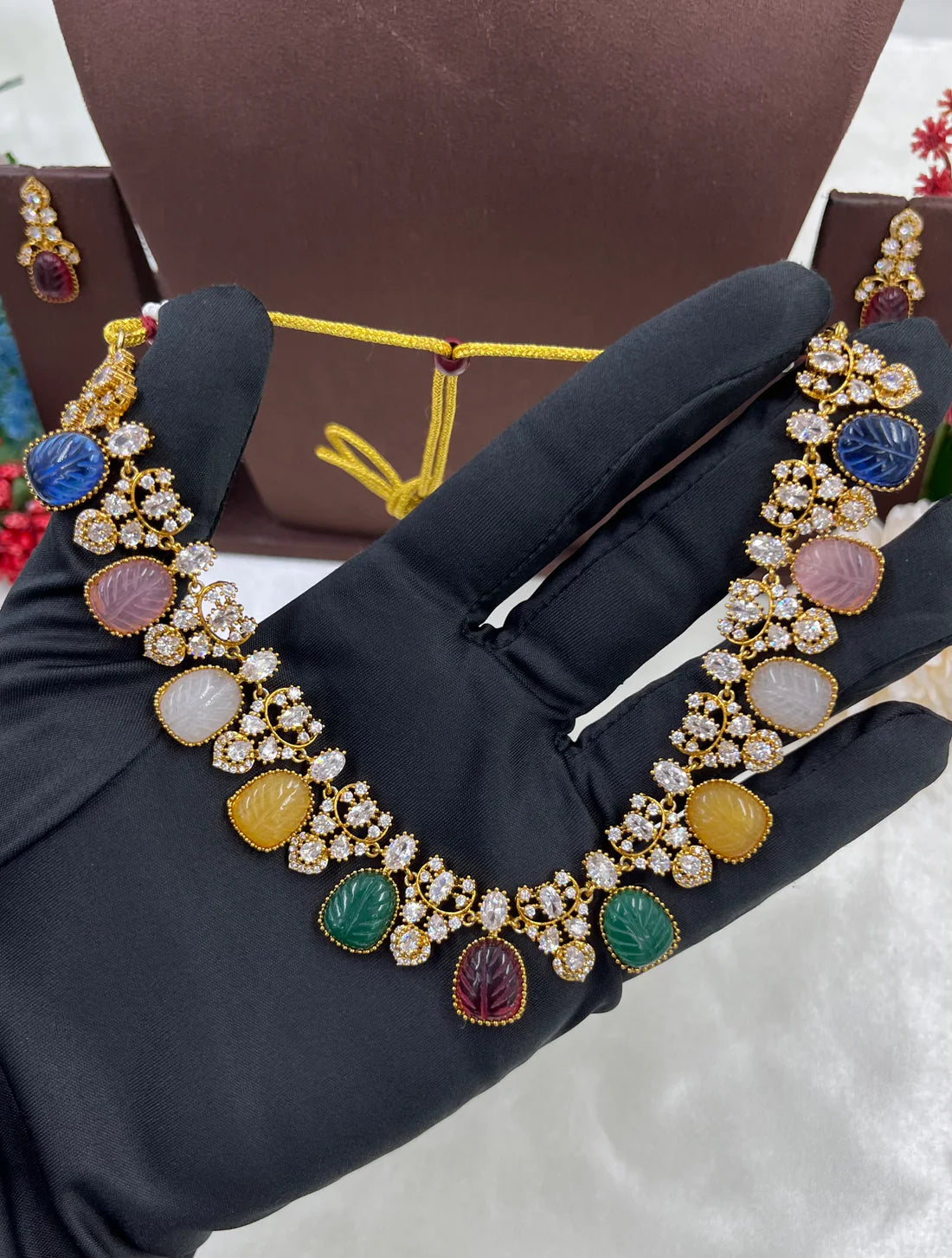 Multicolor Gemstone Victorian Necklace Set with Earrings – Bridal & Festive Jewelry