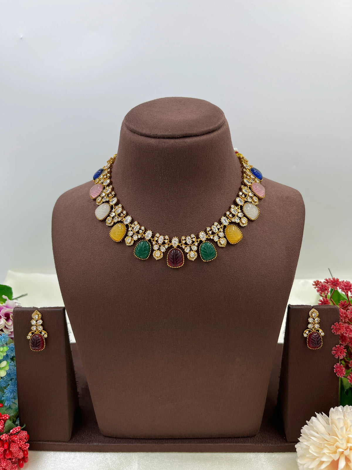 Multicolor Gemstone Victorian Necklace Set with Earrings – Bridal & Festive Jewelry