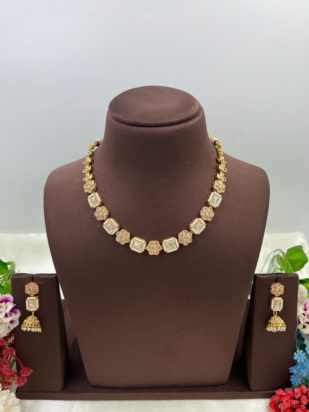 Gold-Tone Floral Necklace Set with Jhumki Earrings – Elegant Ethnic Jewelry