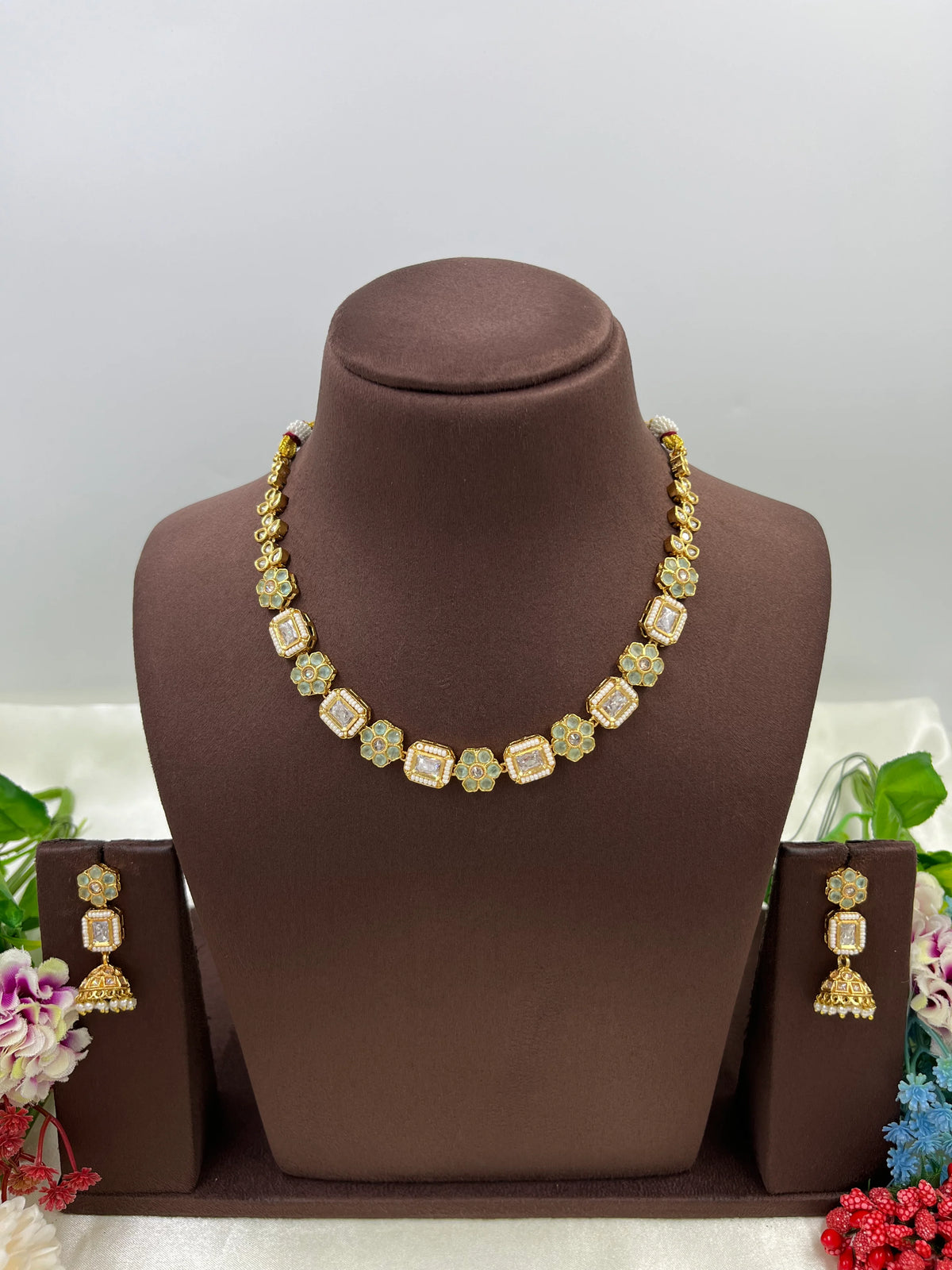 Gold-Tone Floral Necklace Set with Jhumki Earrings – Elegant Ethnic Jewelry