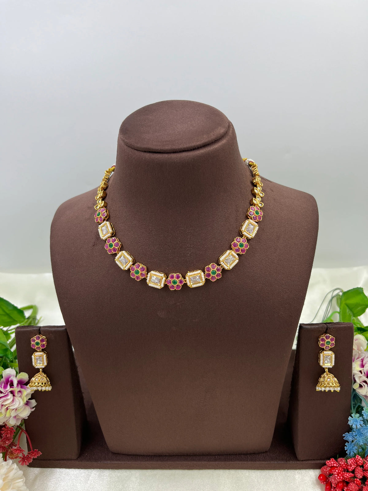 Gold-Tone Floral Necklace Set with Jhumki Earrings – Elegant Ethnic Jewelry
