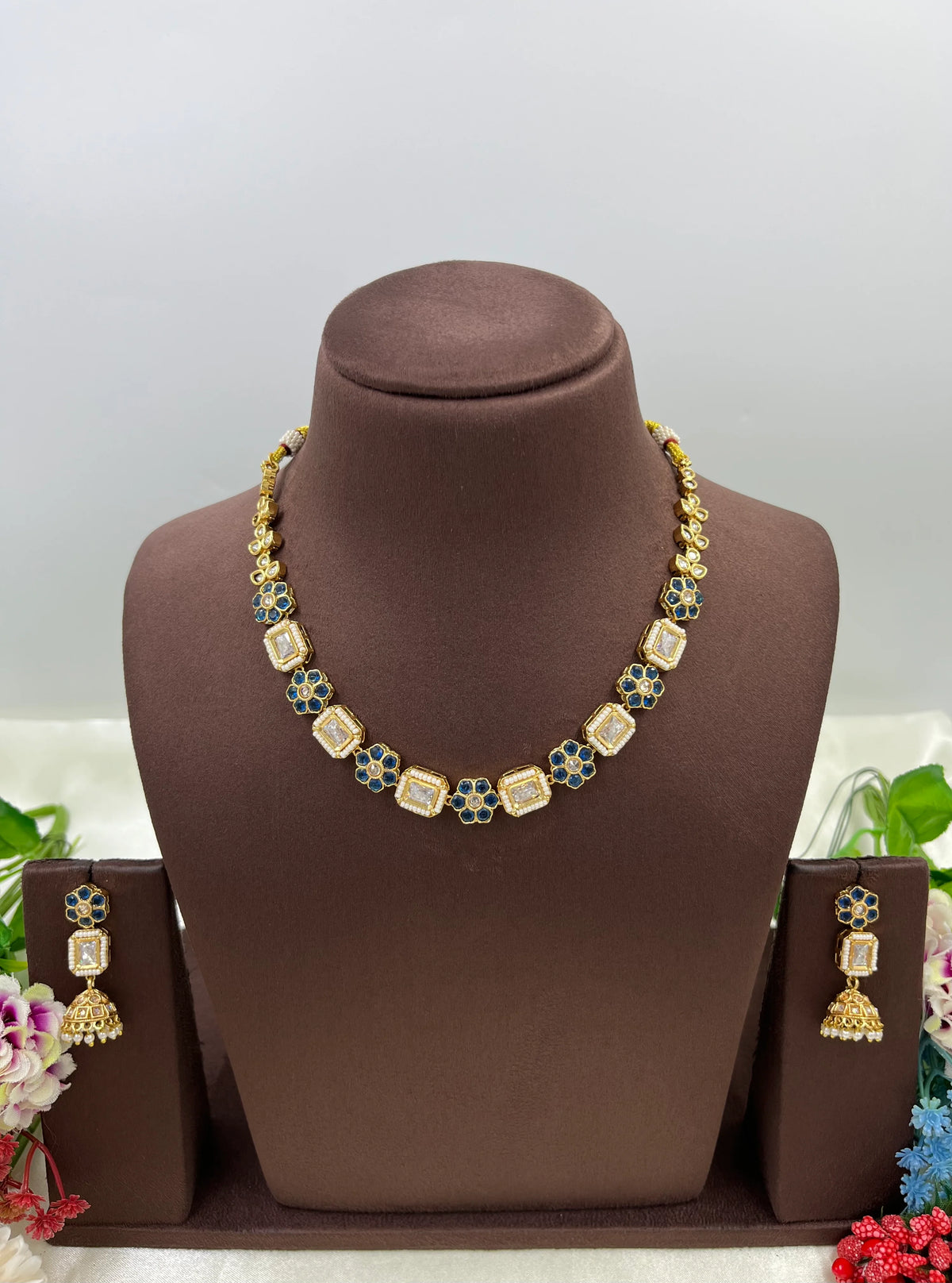 Gold-Tone Floral Necklace Set with Jhumki Earrings – Elegant Ethnic Jewelry