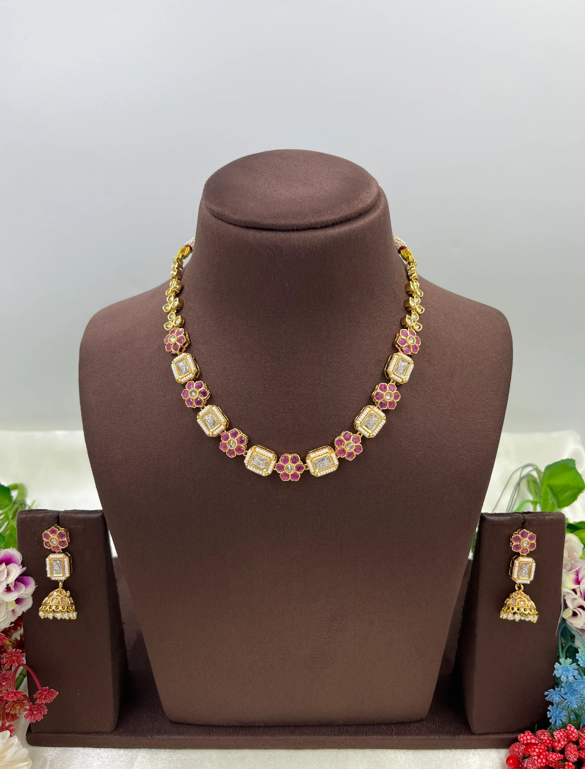 Gold-Tone Floral Necklace Set with Jhumki Earrings – Elegant Ethnic Jewelry