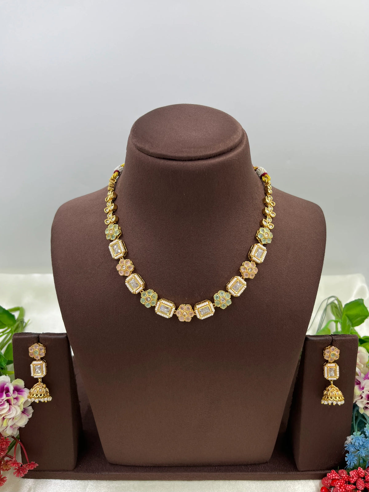 Gold-Tone Floral Necklace Set with Jhumki Earrings – Elegant Ethnic Jewelry