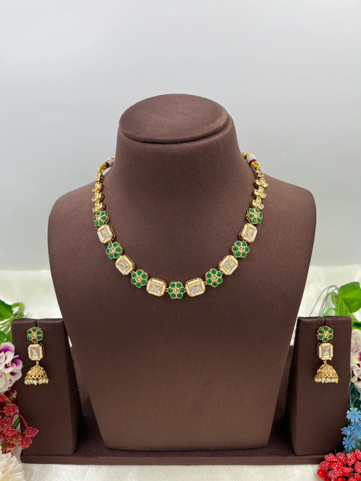 Gold-Tone Floral Necklace Set with Jhumki Earrings – Elegant Ethnic Jewelry