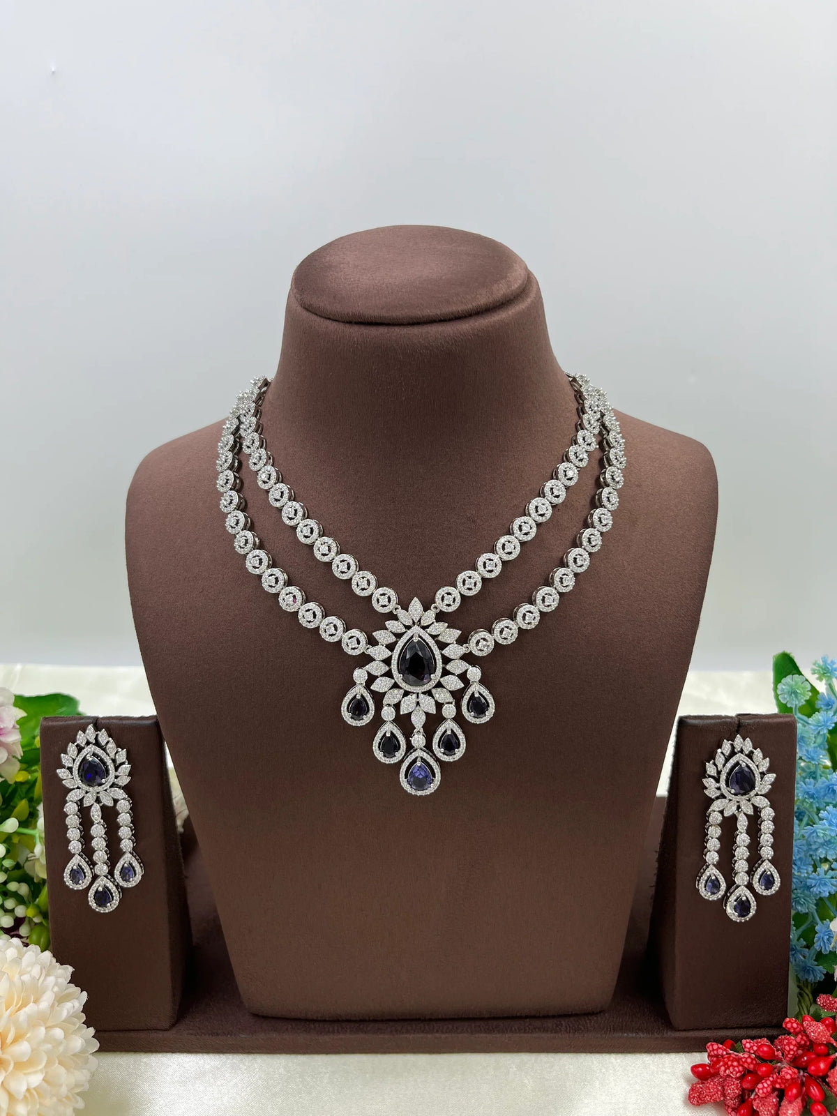 Floral Silver-Plated Drop Necklace Set with Matching Earrings | Indian Jewellery Designer Necklace Set