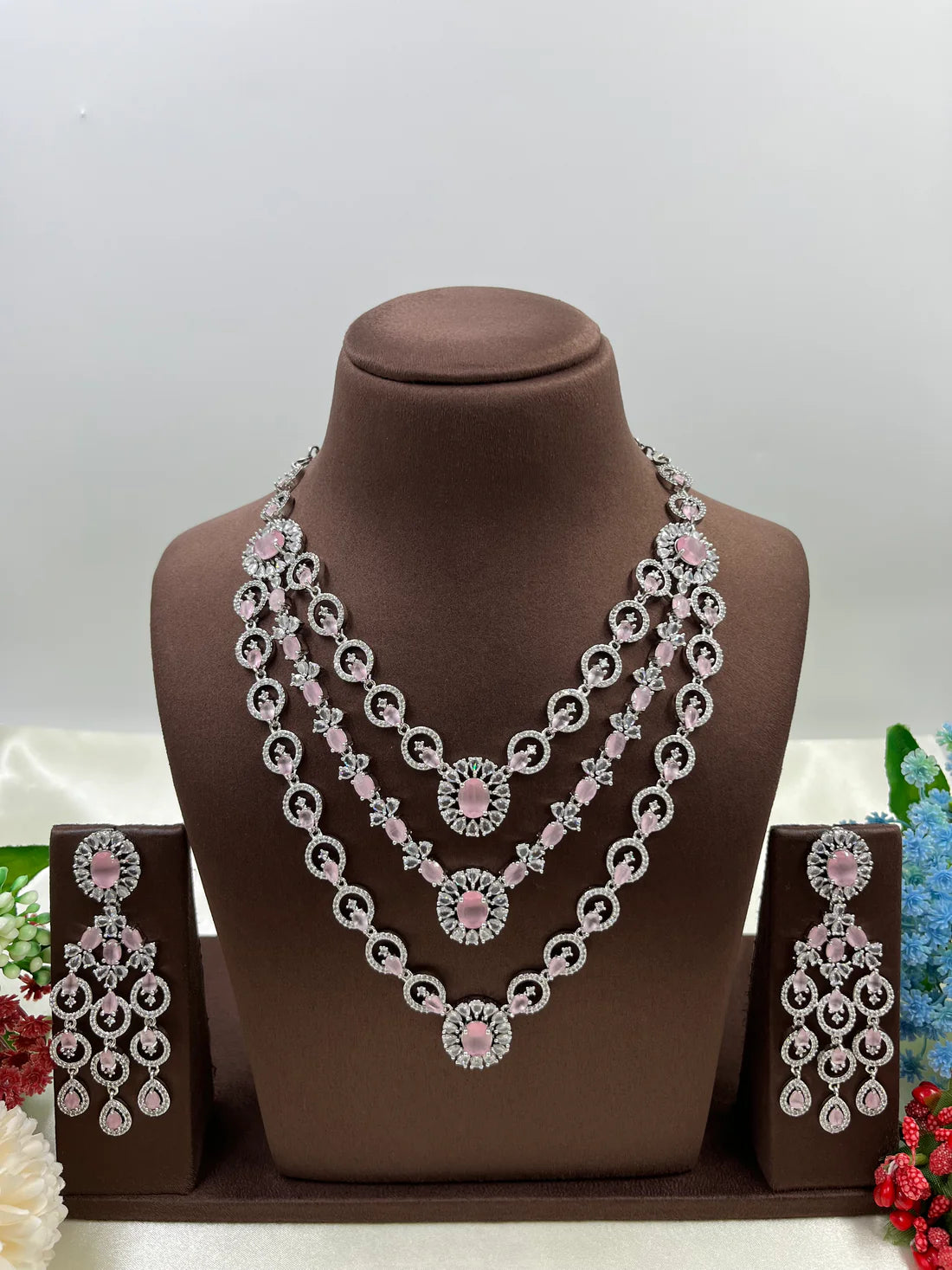 Luxury Ruby Red American Diamond Bridal Necklace Set with Long Chandelier Earrings Silver Plated Wedding & Party Jewellery for Women
