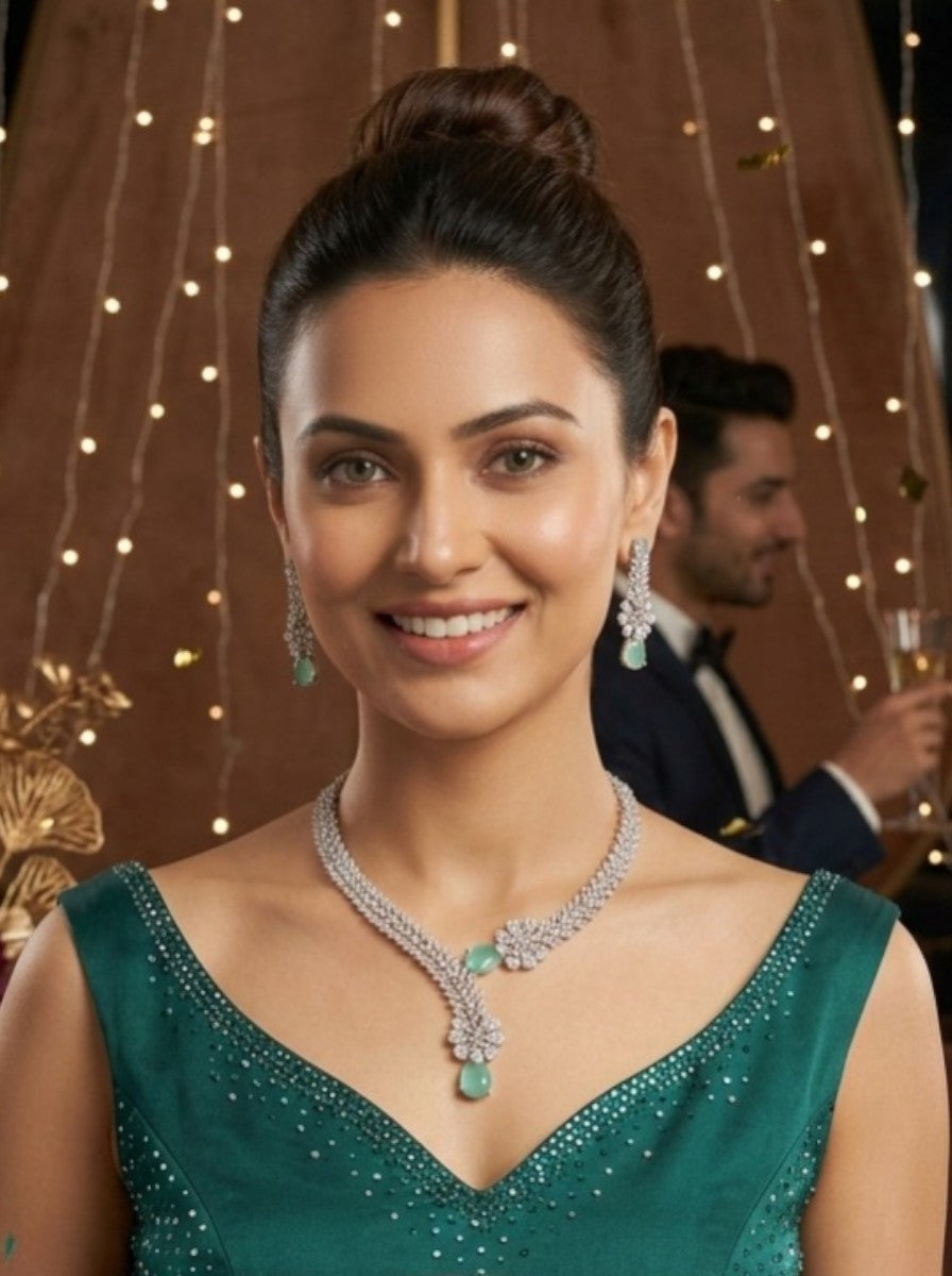 American Diamond Floral Drop Necklace Set with Green Teardrop Stone – Silver Plated Bridal & Wedding Jewellery for Women