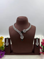 American Diamond Floral Drop Necklace Set with Green Teardrop Stone – Silver Plated Bridal & Wedding Jewellery for Women