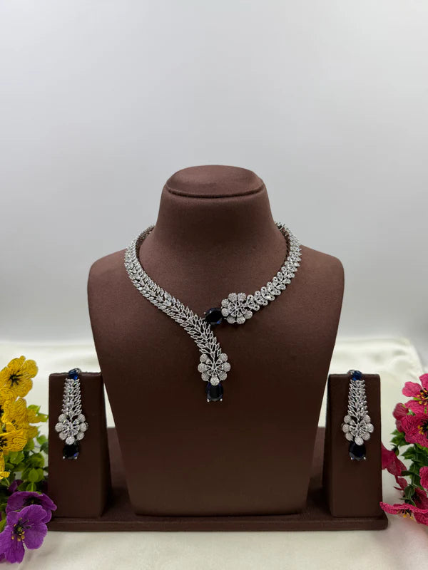 American Diamond Floral Drop Necklace Set with Green Teardrop Stone – Silver Plated Bridal & Wedding Jewellery for Women