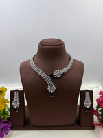 American Diamond Floral Drop Necklace Set with Green Teardrop Stone – Silver Plated Bridal & Wedding Jewellery for Women