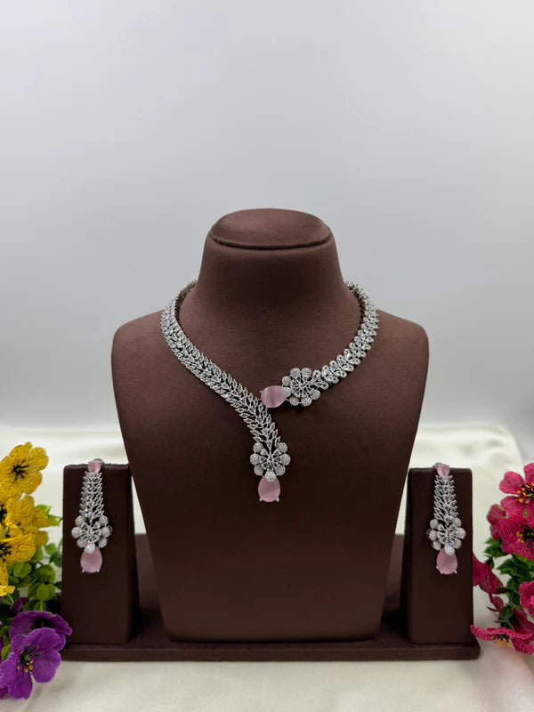 American Diamond Floral Drop Necklace Set with Green Teardrop Stone – Silver Plated Bridal & Wedding Jewellery for Women