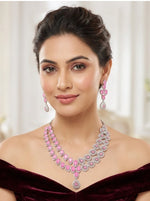 Designer American Diamond Pink Crystal Necklace Set with Long Earrings | Wedding & Festive Wear
