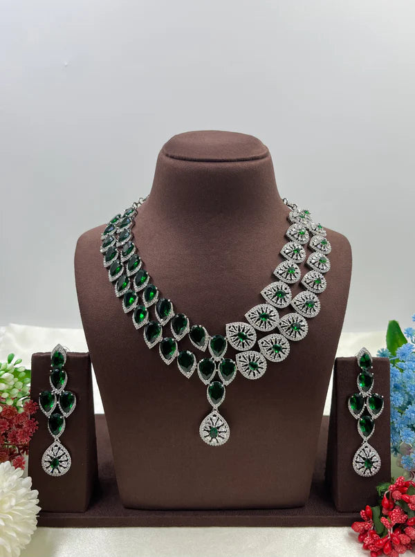 Designer American Diamond Pink Crystal Necklace Set with Long Earrings | Wedding & Festive Wear