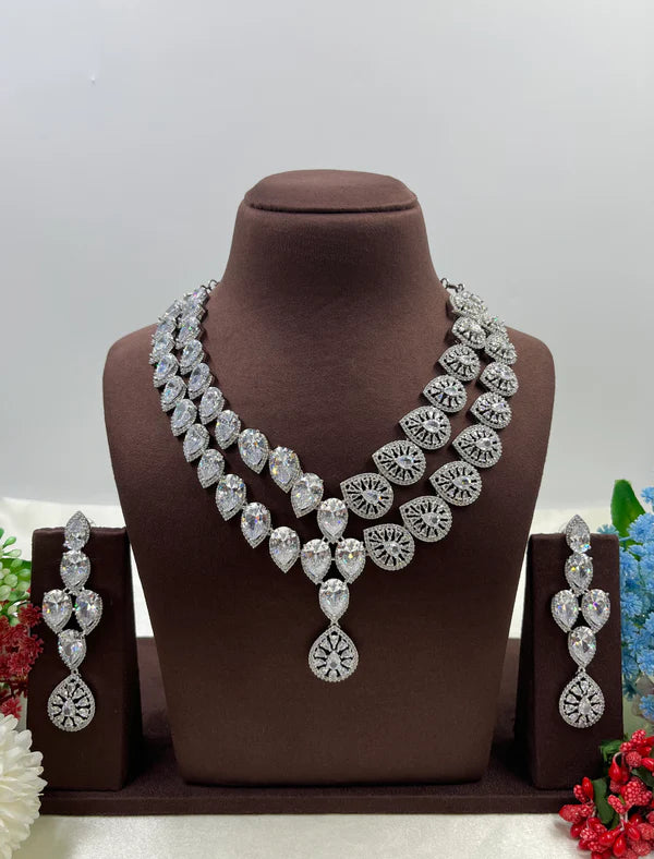 Designer American Diamond Pink Crystal Necklace Set with Long Earrings | Wedding & Festive Wear