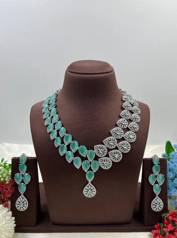 Designer American Diamond Pink Crystal Necklace Set with Long Earrings | Wedding & Festive Wear