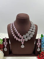 Designer American Diamond Pink Crystal Necklace Set with Long Earrings | Wedding & Festive Wear