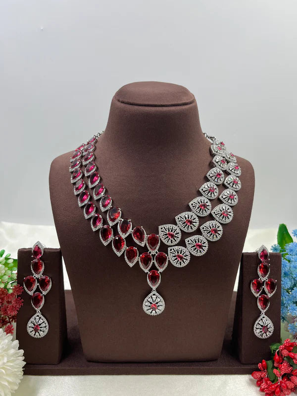 Designer American Diamond Pink Crystal Necklace Set with Long Earrings | Wedding & Festive Wear