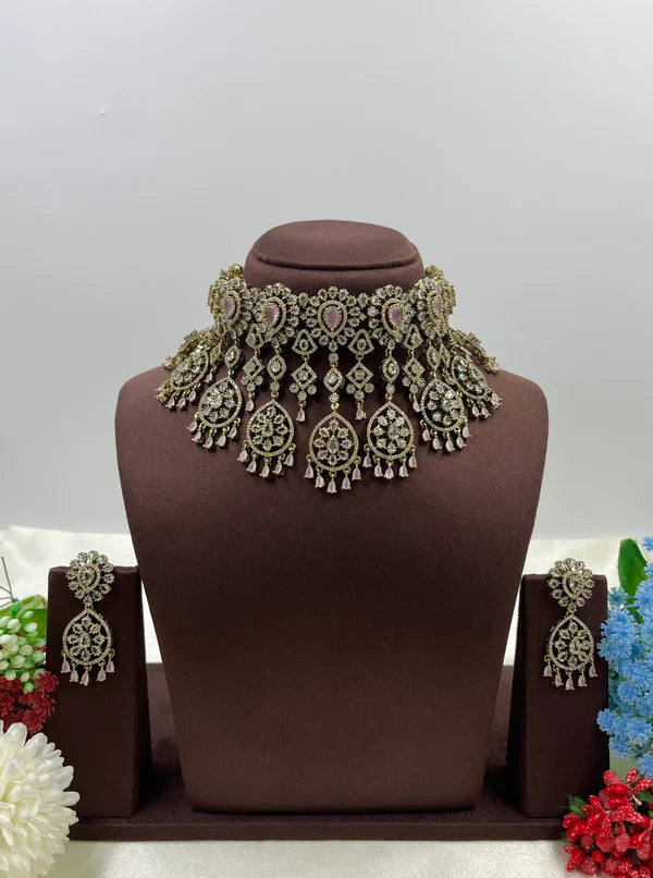 Royal Victorian AD Green Stone Choker Necklace with Earrings Bridal Statement Jewellery Set
