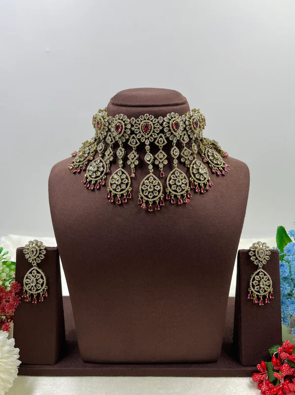 Royal Victorian AD Green Stone Choker Necklace with Earrings Bridal Statement Jewellery Set