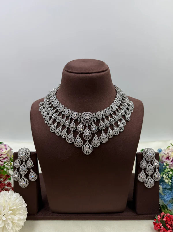 American Diamond Bridal Necklace Set with Stone Earrings – Silver Plated Wedding & Party Wear Jewellery