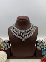 American Diamond Bridal Necklace Set with Stone Earrings – Silver Plated Wedding & Party Wear Jewellery