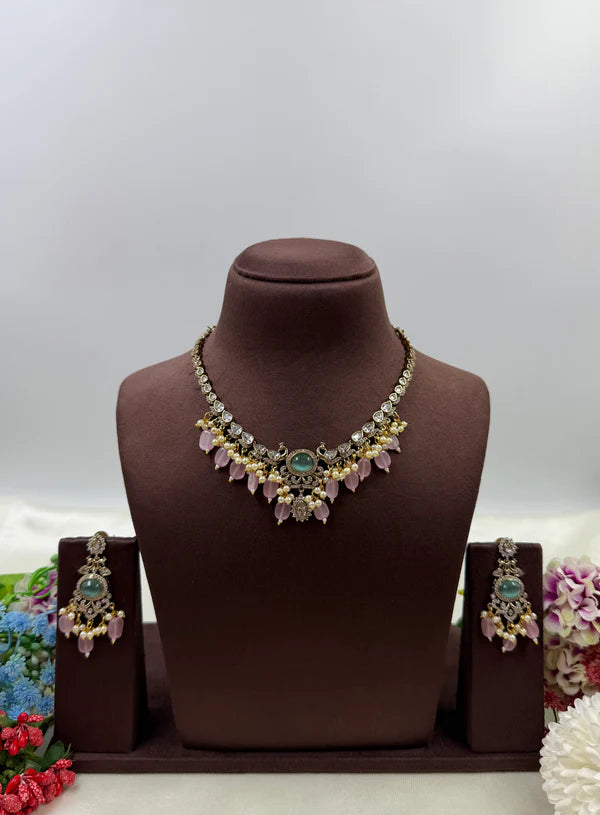 Victorian Peacock Necklace Set with Pink Drop Stones & Matching Earrings | Indian Bridal Jewelry
