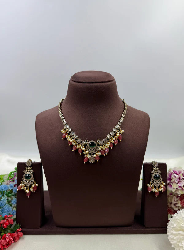 Victorian Peacock Necklace Set with Pink Drop Stones & Matching Earrings | Indian Bridal Jewelry