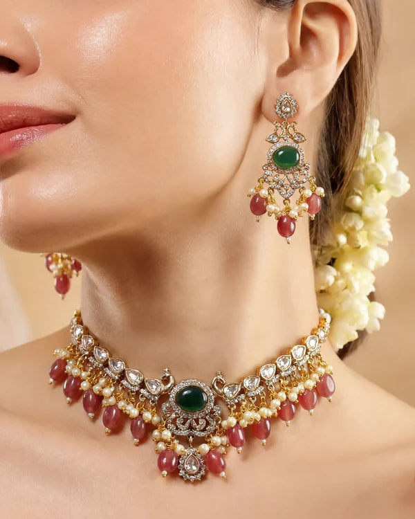 Victorian Peacock Necklace Set with Pink Drop Stones & Matching Earrings | Indian Bridal Jewelry
