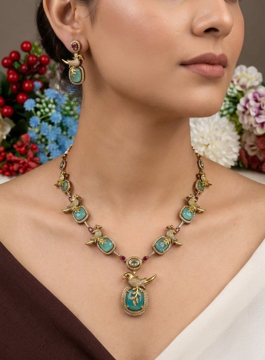 Stone & Bird Motif Kundan Necklace Bridal Jewellery Set with Earrings | Premium Jewellery | Elegant Indian Necklace Set for Women