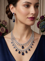 American Diamond Double Layer Necklace Set with Blue Teardrop Stones & Matching Earrings | Elegant Bridal & Party Wear Jewellery