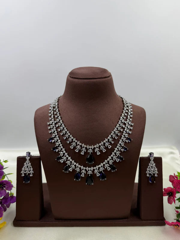 American Diamond Double Layer Necklace Set with Blue Teardrop Stones & Matching Earrings | Elegant Bridal & Party Wear Jewellery