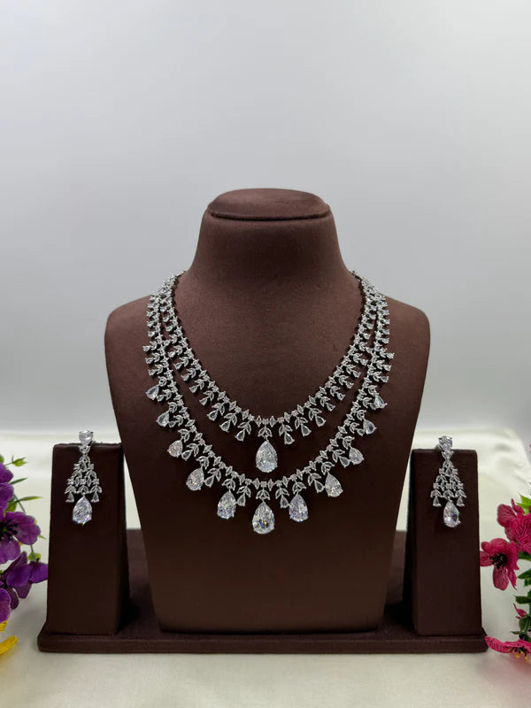 American Diamond Double Layer Necklace Set with Blue Teardrop Stones & Matching Earrings | Elegant Bridal & Party Wear Jewellery