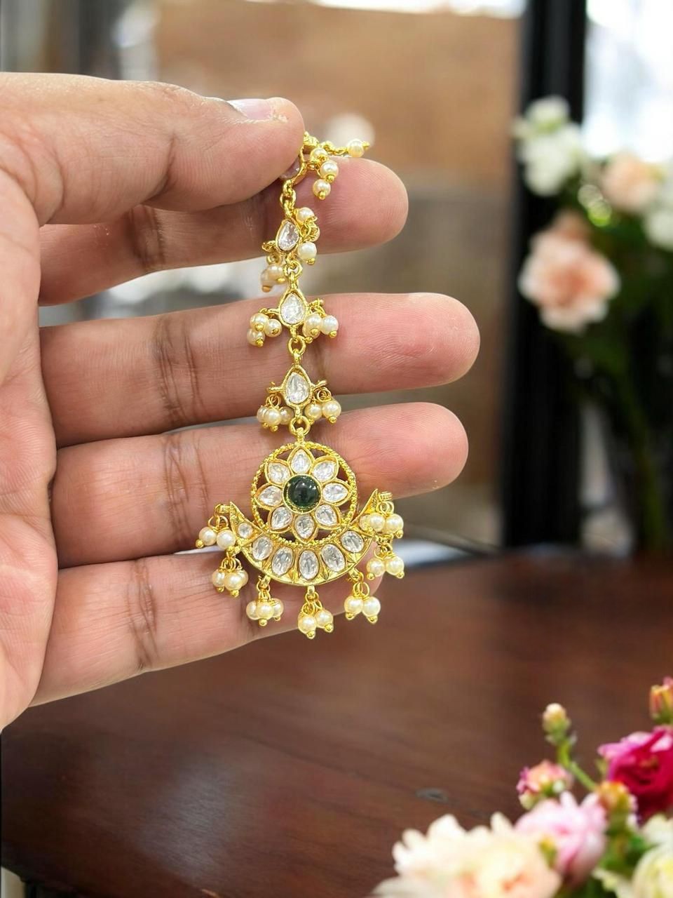 Traditional Gold Plated Maang Tikka with Kundan & Pearl Work | Bridal & Festive Indian Hair Jewelry
