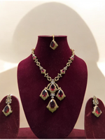 Jaipuri Mehendi Polish Kundan AD Necklace Earrings Set, Indian CZ Kundan Jewelry Set, Pakistani Mehendi Polish AD Necklace Set, CZ Jewelry Set