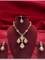 Jaipuri Mehendi Polish Kundan AD Necklace Earrings Set, Indian CZ Kundan Jewelry Set, Pakistani Mehendi Polish AD Necklace Set, CZ Jewelry Set