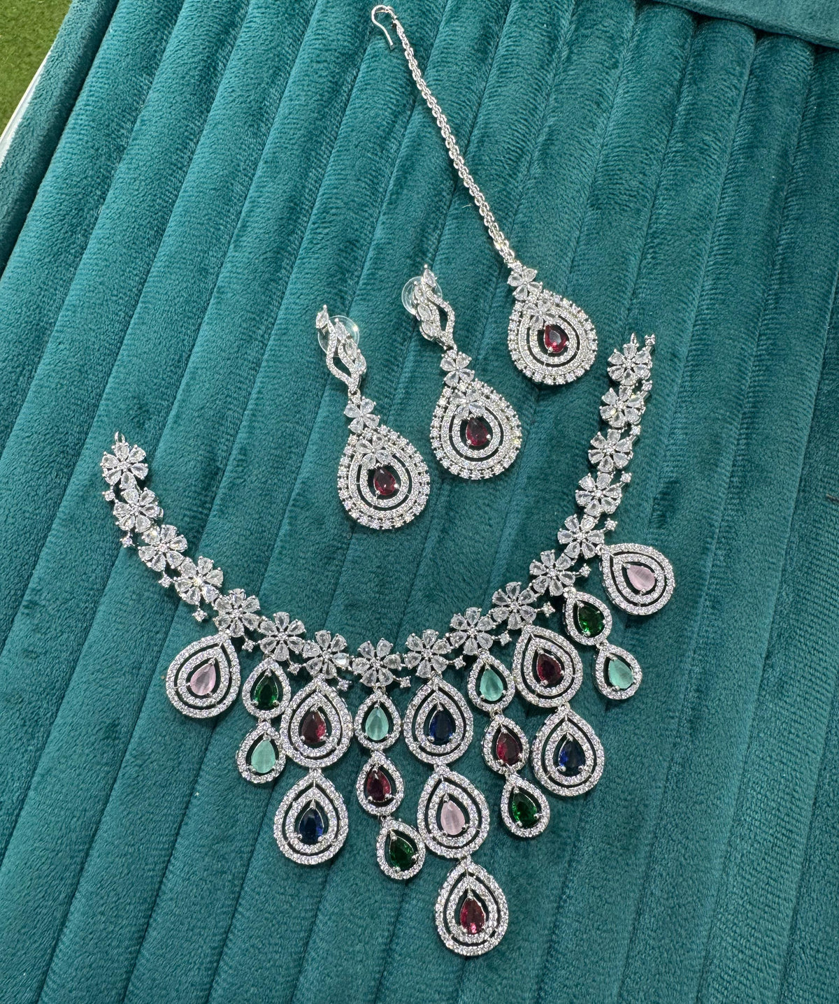 Elegant AD Choker Necklace Set with Maangtika American Diamond Perfect for Engagement andWeddings