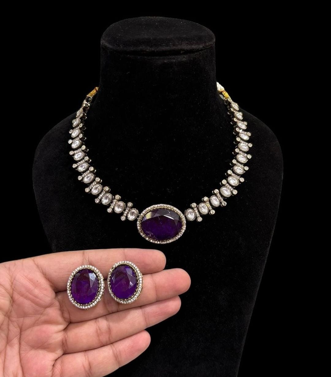 Gorgeous AD Necklace Set with Silver Finish for Bridal Indian Wedding and Pakistani Jewelry