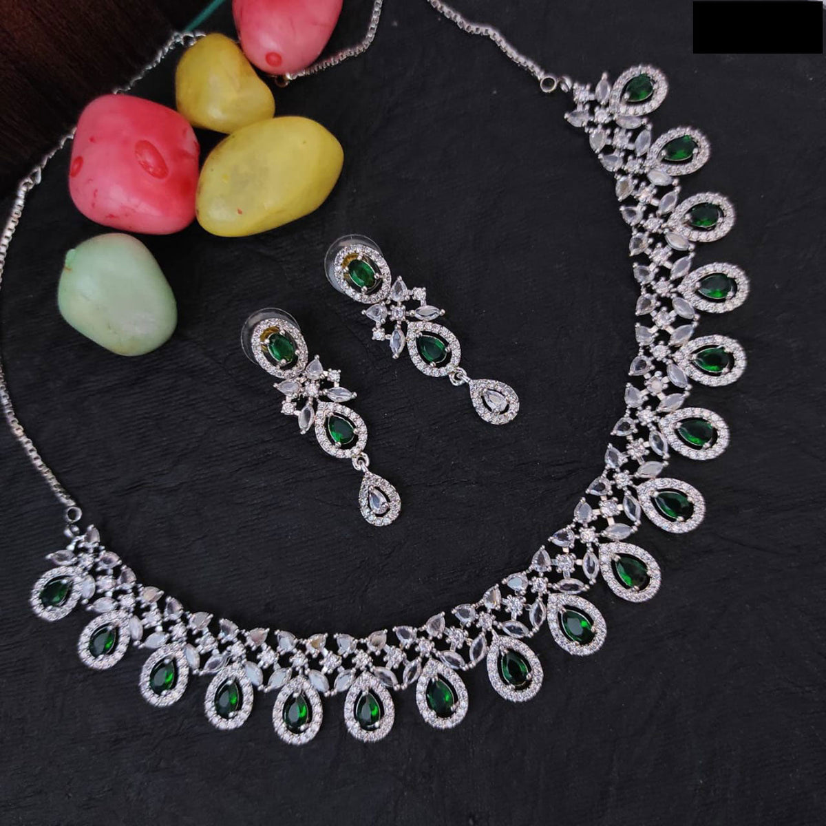 Elegant AD Choker Set for Bridal Pakistani Wedding Jewelry with American Diamond and Silver Finish