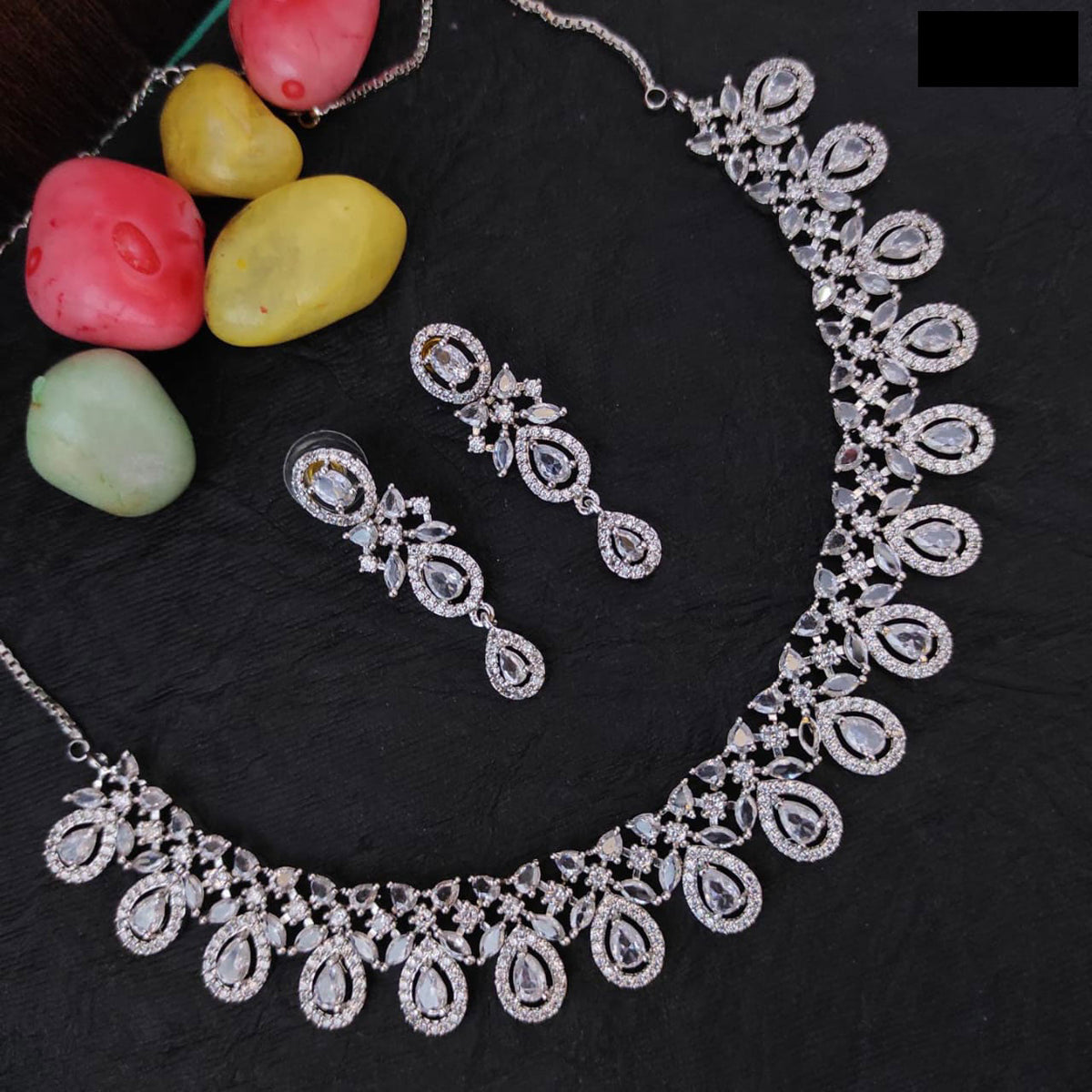 Elegant AD Choker Set for Bridal Pakistani Wedding Jewelry with American Diamond and Silver Finish