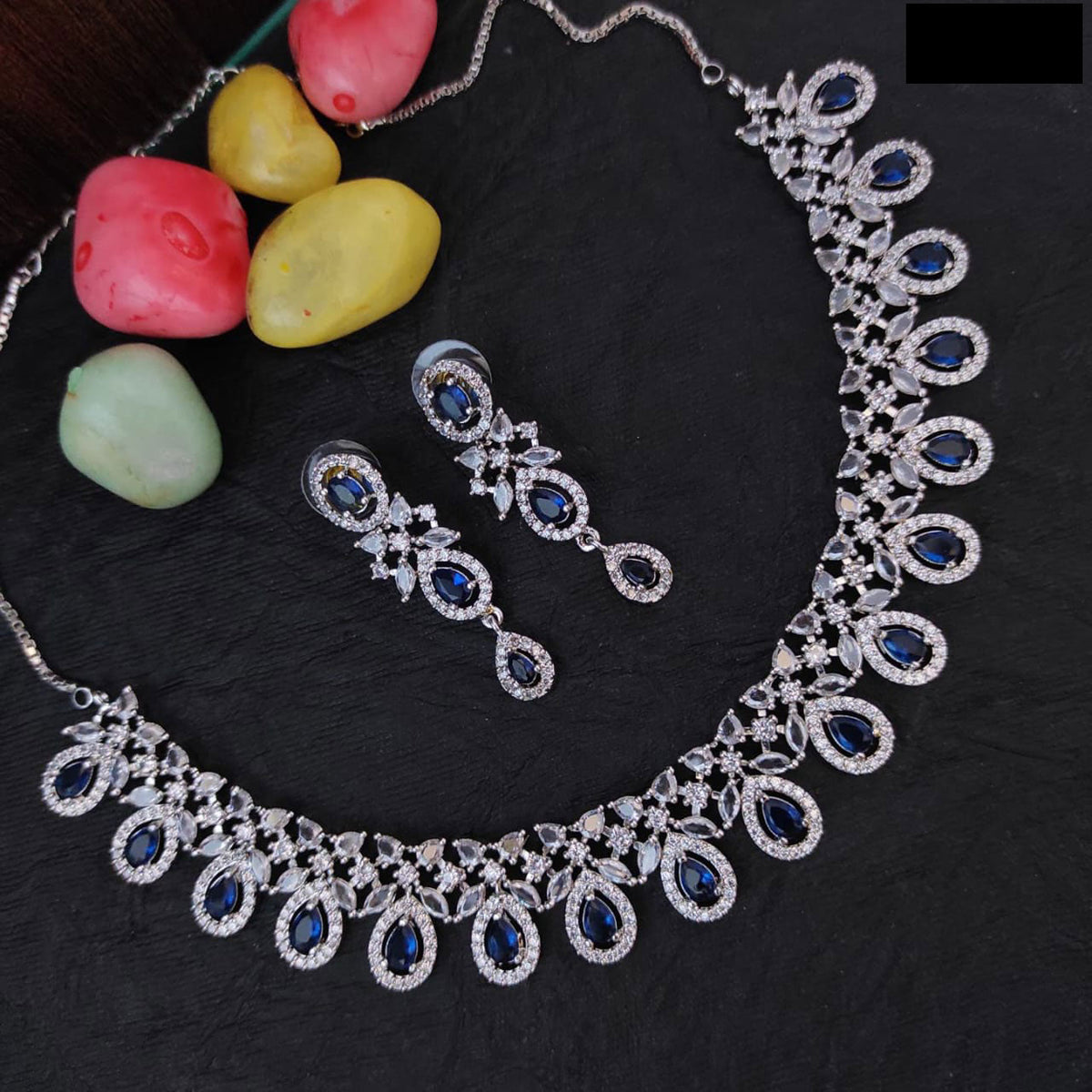 Elegant AD Choker Set for Bridal Pakistani Wedding Jewelry with American Diamond and Silver Finish