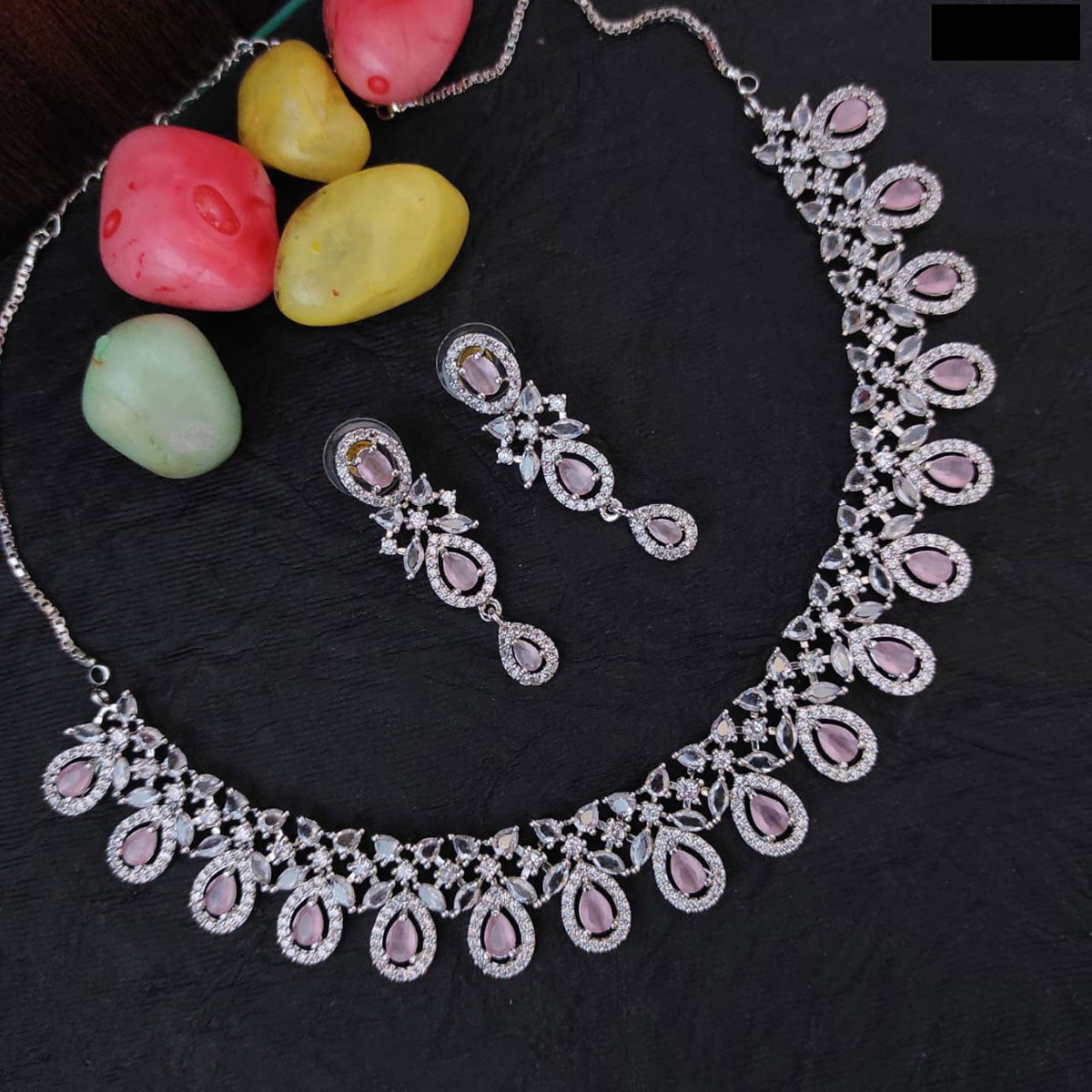 Elegant AD Choker Set for Bridal Pakistani Wedding Jewelry with American Diamond and Silver Finish