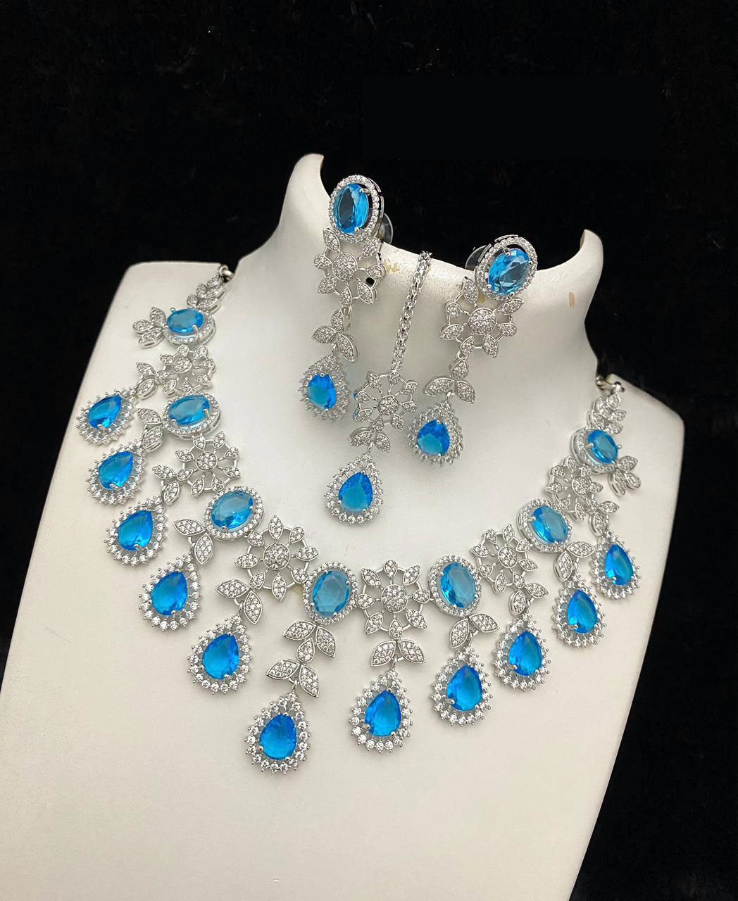 Bollywood Style American Diamond Choker Necklace Earrings Set with Maangtika forWedding and Engagement Occasions