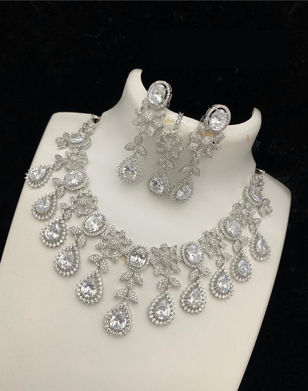 Bollywood Style American Diamond Choker Necklace Earrings Set with Maangtika forWedding and Engagement Occasions