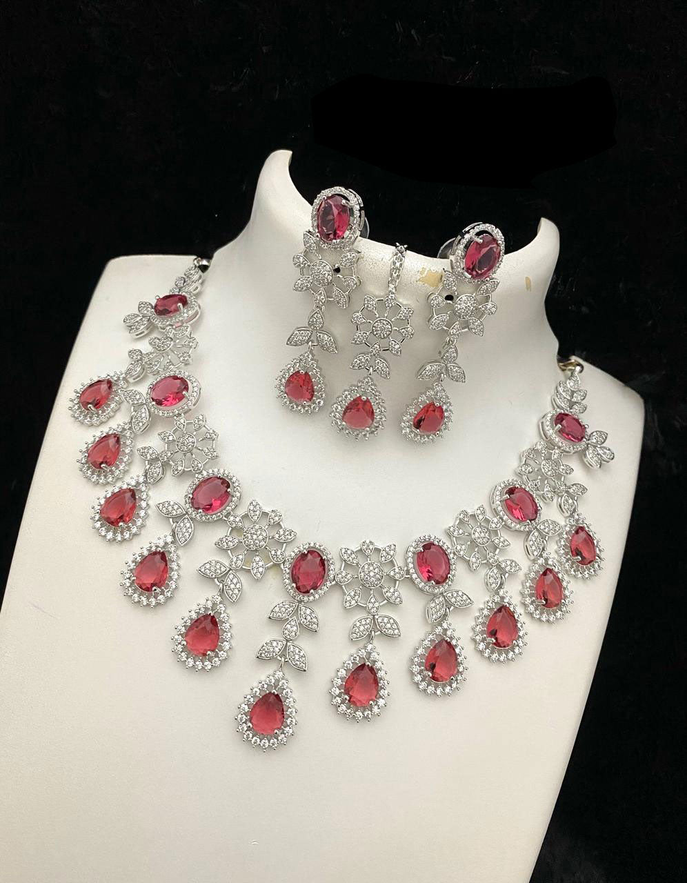 Bollywood Style American Diamond Choker Necklace Earrings Set with Maangtika forWedding and Engagement Occasions