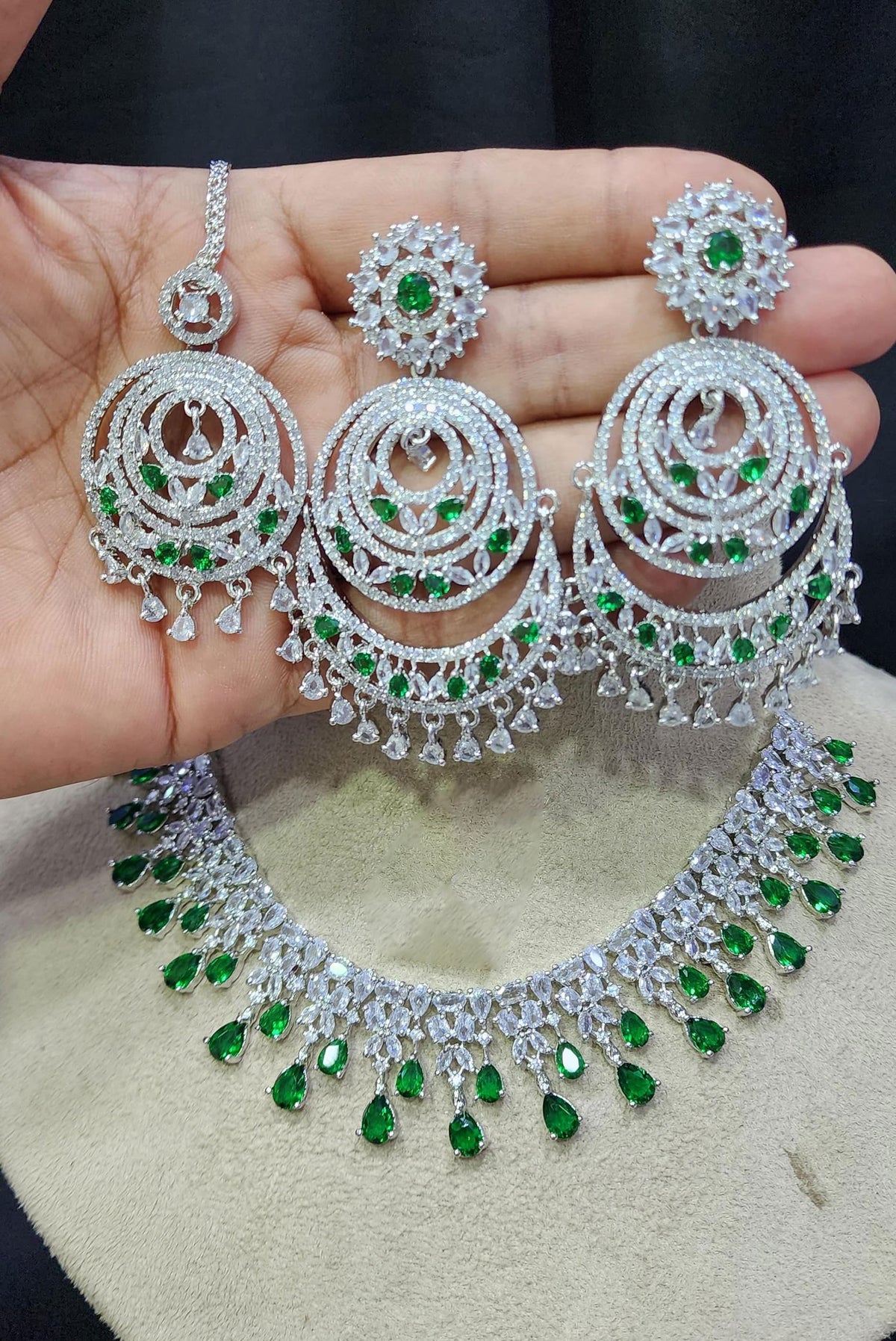 Pakistani Jewelry Inspired CZ Necklace Earrings Set with Maangtika AD Design for Engagement